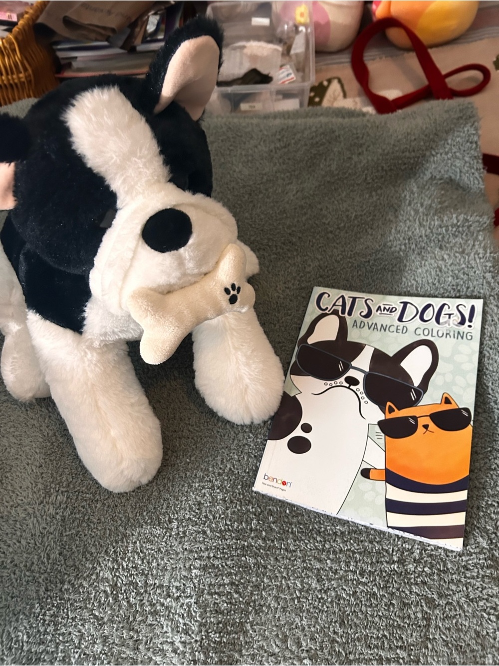 Plush Black and White Dog Toy with Soft Bone Chew